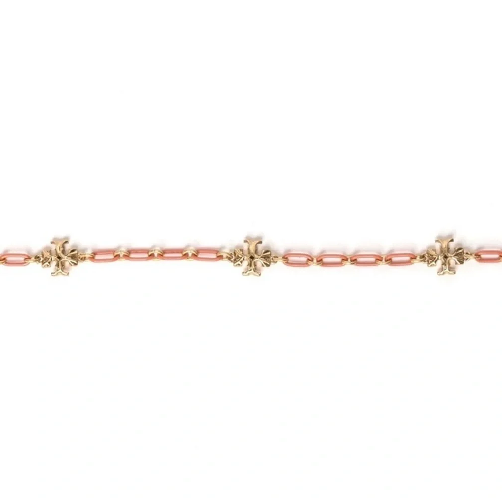🆕 NWT Tory Burch Roxanne 18K-Gold-Plated & Coral Acrylic Logo Chain Necklace